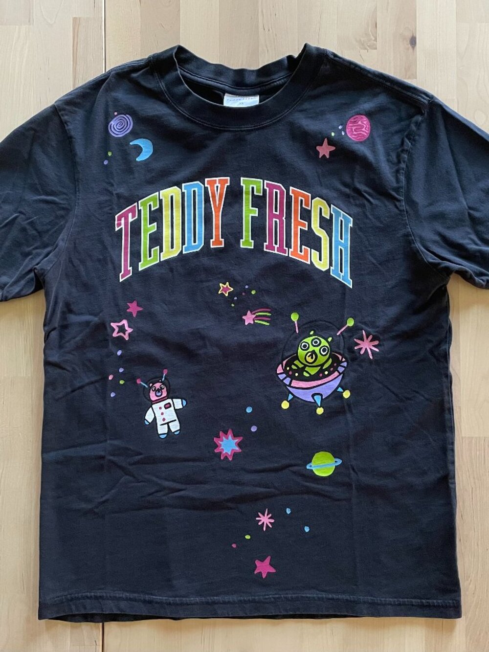 Teddy Fresh Unisex Bears in Space Shooting Stars Aliens Black T-Shirt size XS
